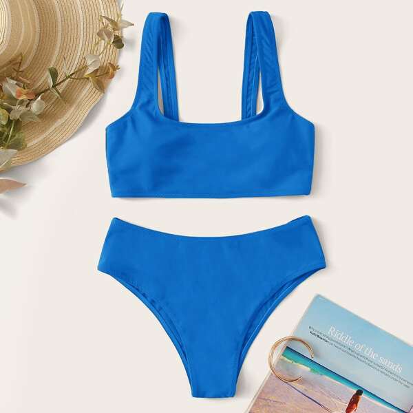 

Solid Scoop Neck Bikini Swimsuit, Blue