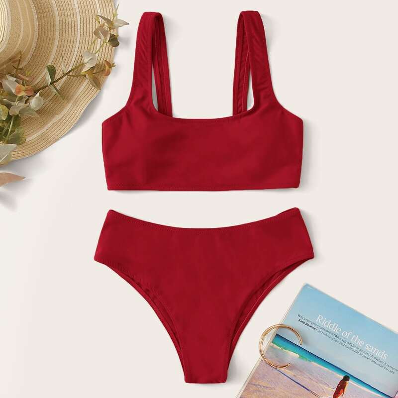 

Solid Scoop Neck Bikini Swimsuit, Red