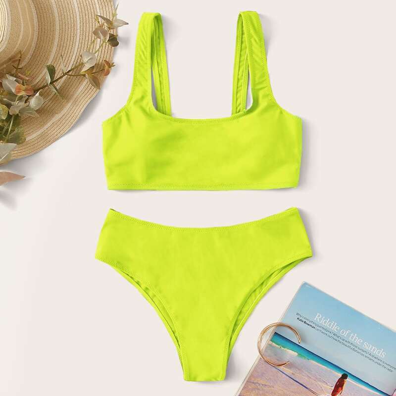 

Neon Yellow Solid Scoop Neck Bikini Swimsuit, Green bright