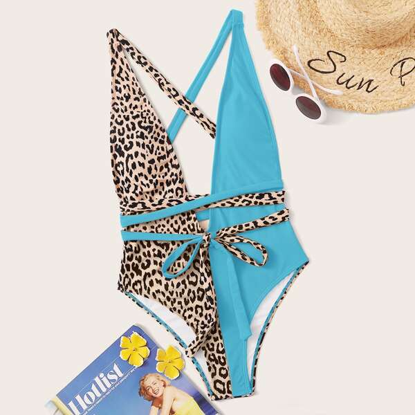 

Contrast Leopard Plunging One Piece Swimsuit, Multicolor
