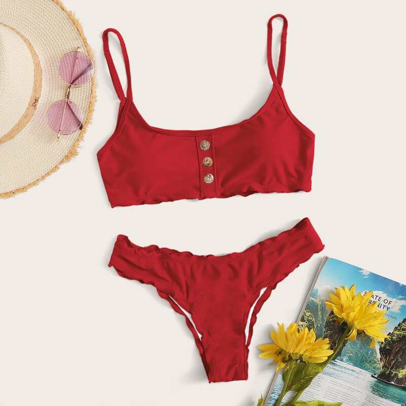 

Button Front Lettuce Trim Bikini Swimsuit, Red