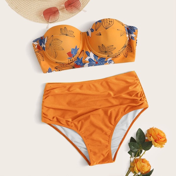 

Floral Push Up Bandeau High Waisted Bikini Swimsuit, Orange
