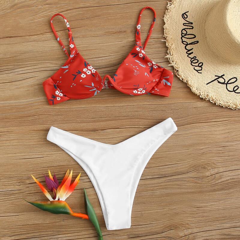 

Floral Push Up High Leg Bikini Swimsuit, Multicolor