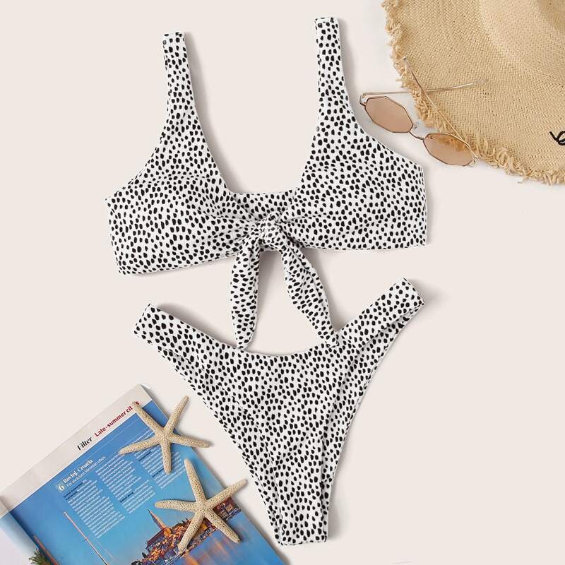 

Dalmatian Knot Front High Leg Bikini Swimsuit, Black and white