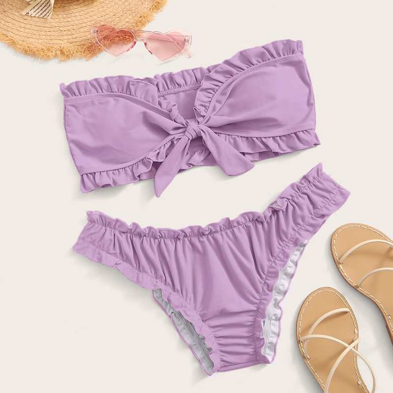 

Frill Knot Front Bandeau Bikini Swimsuit, Purple