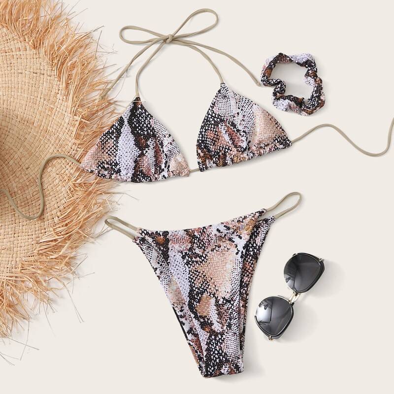 

Snakeskin Triangle Tanga Bikini Swimsuit With Scrunchie, Multicolor