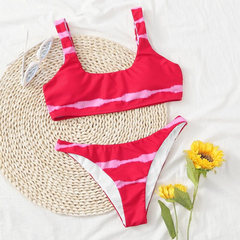 

Brush Print Tanga Bikini Swimsuit, Red