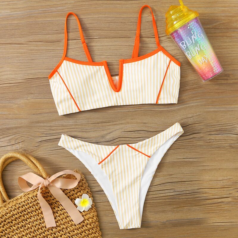 

Striped V-wired High Leg Bikini Swimsuit, Yellow