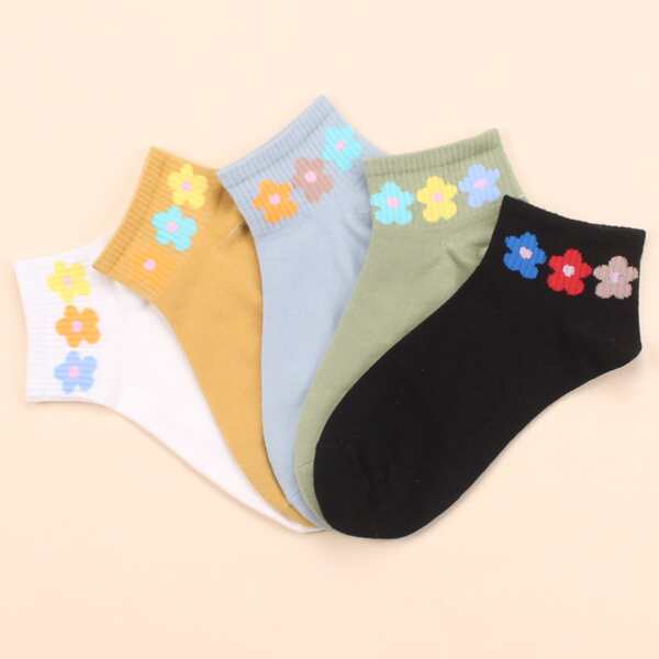 

5pairs Flower Pattern Ankle Socks, Multicolor