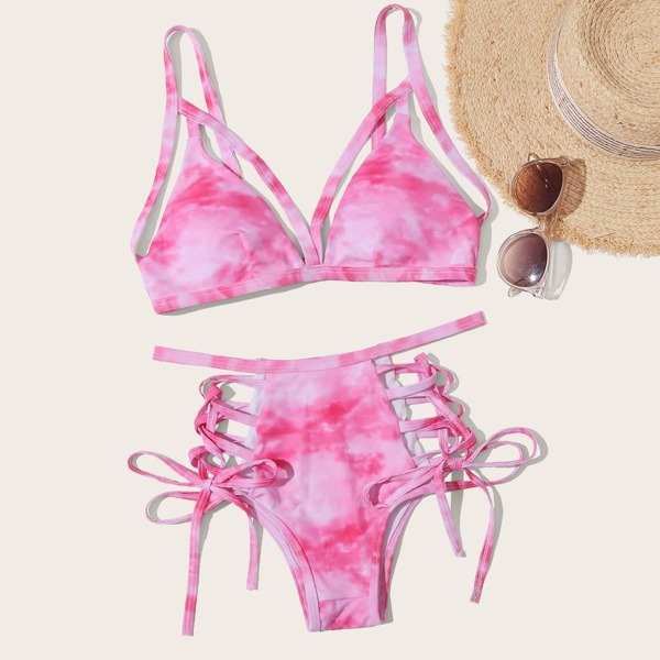 

Tie Dye Harness Tie Side Bikini Swimsuit, Pink