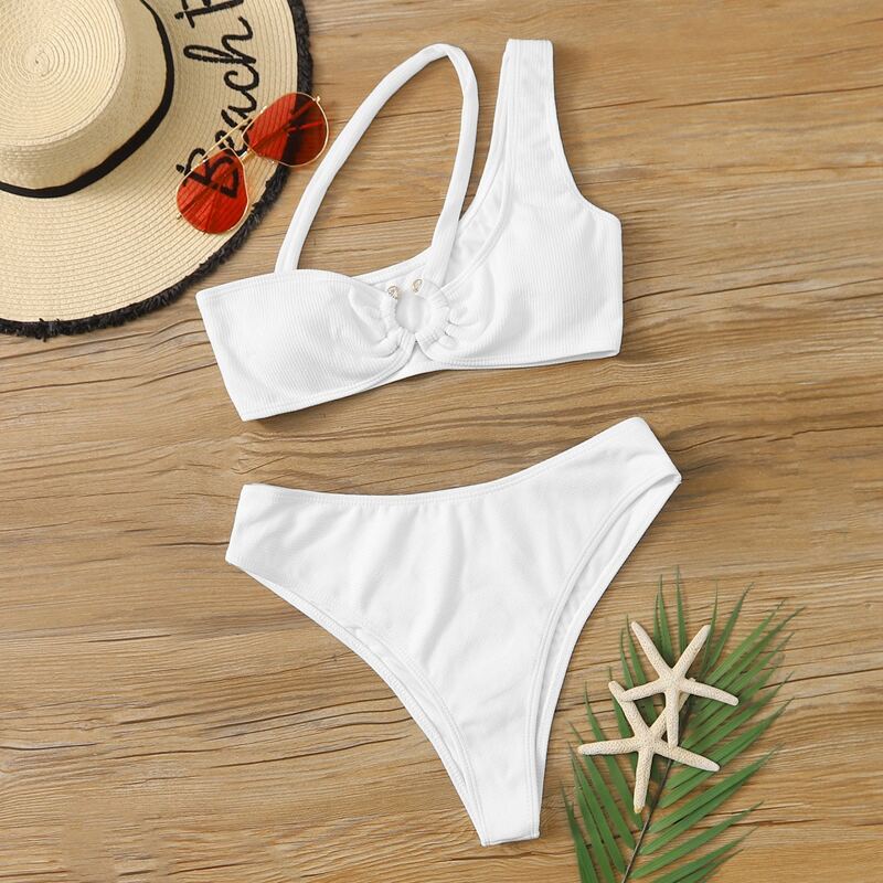 

Rib One Shoulder High Waisted Bikini Swimsuit, White