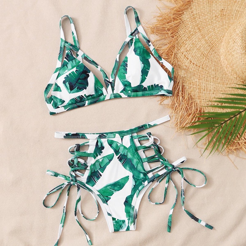 

Tropical Harness Tie Side Bikini Swimsuit, Green