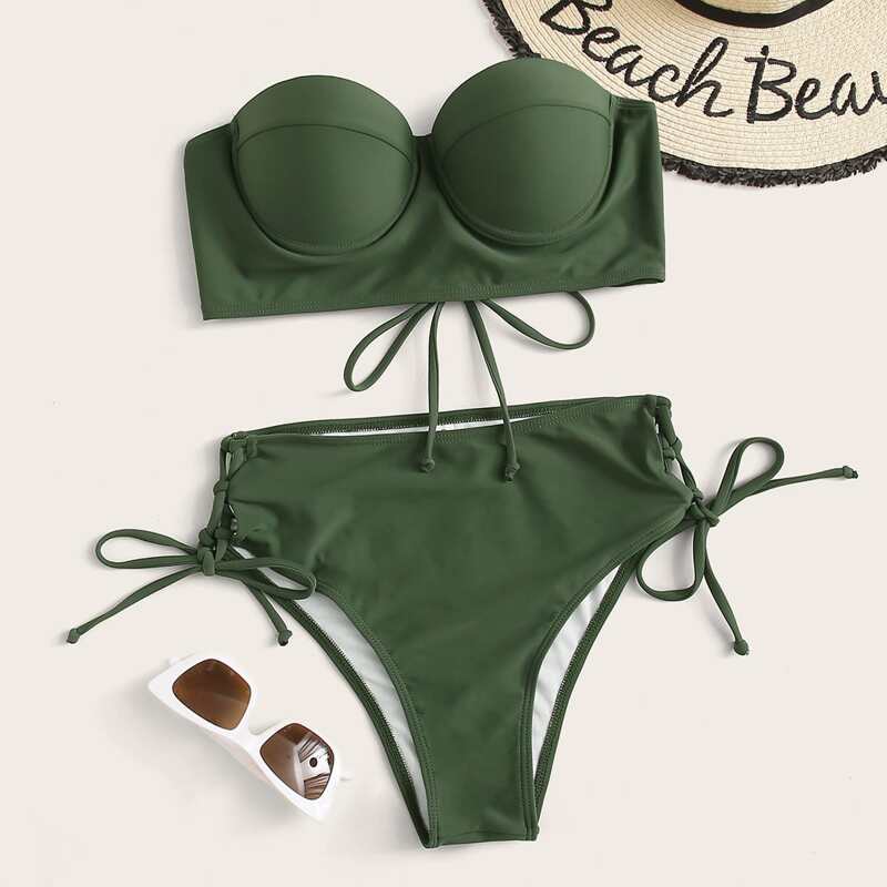 

Push Up Bandeau High Waist Bikini Swimsuit, Army green