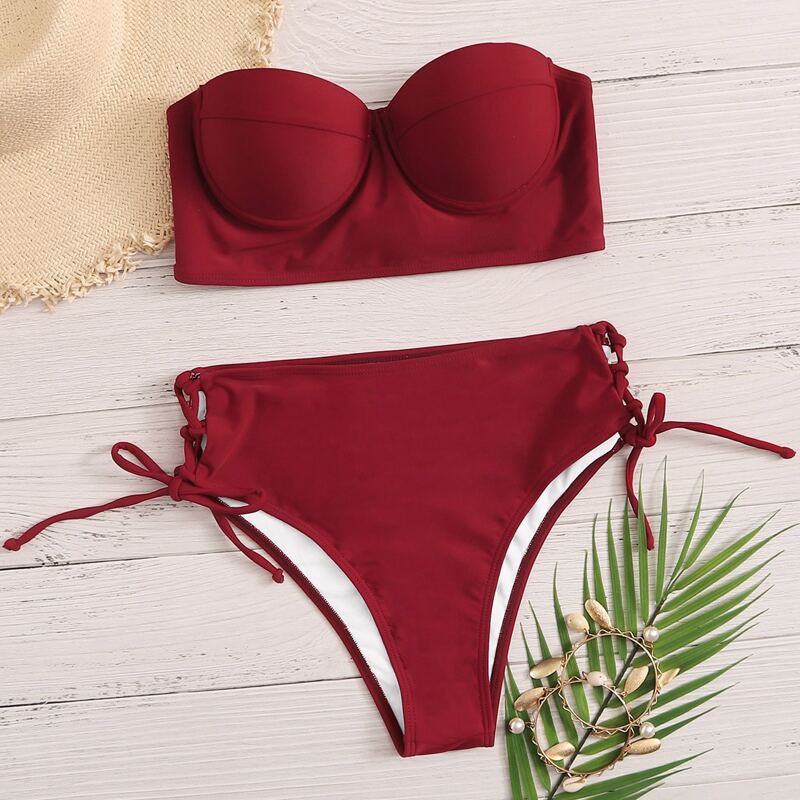 

Push Up Bandeau High Waist Bikini Swimsuit, Burgundy