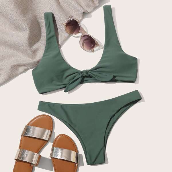 

Knot Front Bikini Swimsuit, Army green