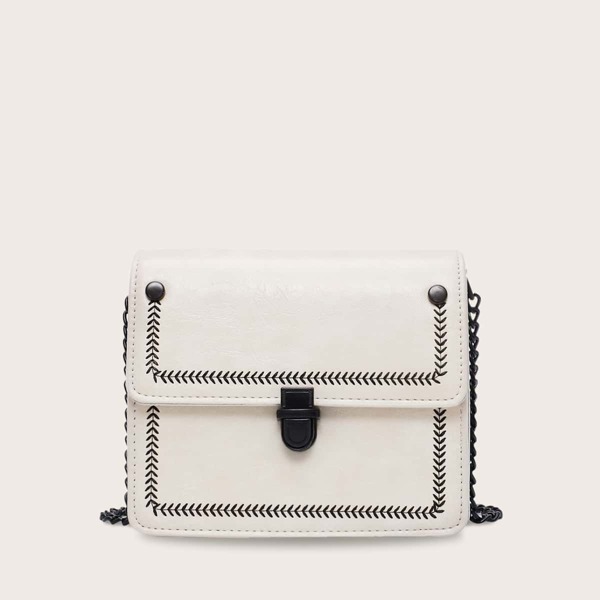 

Embroidered Detail Push Lock Chain Bag, White