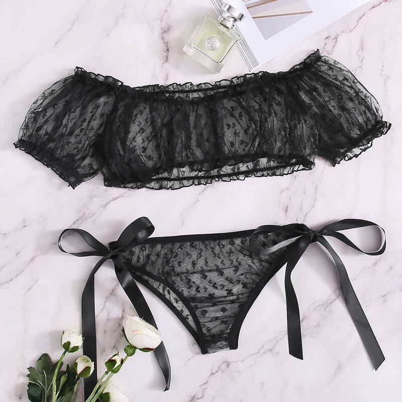 

Heart Pattern Mesh Bardot Lingerie Set, Black
