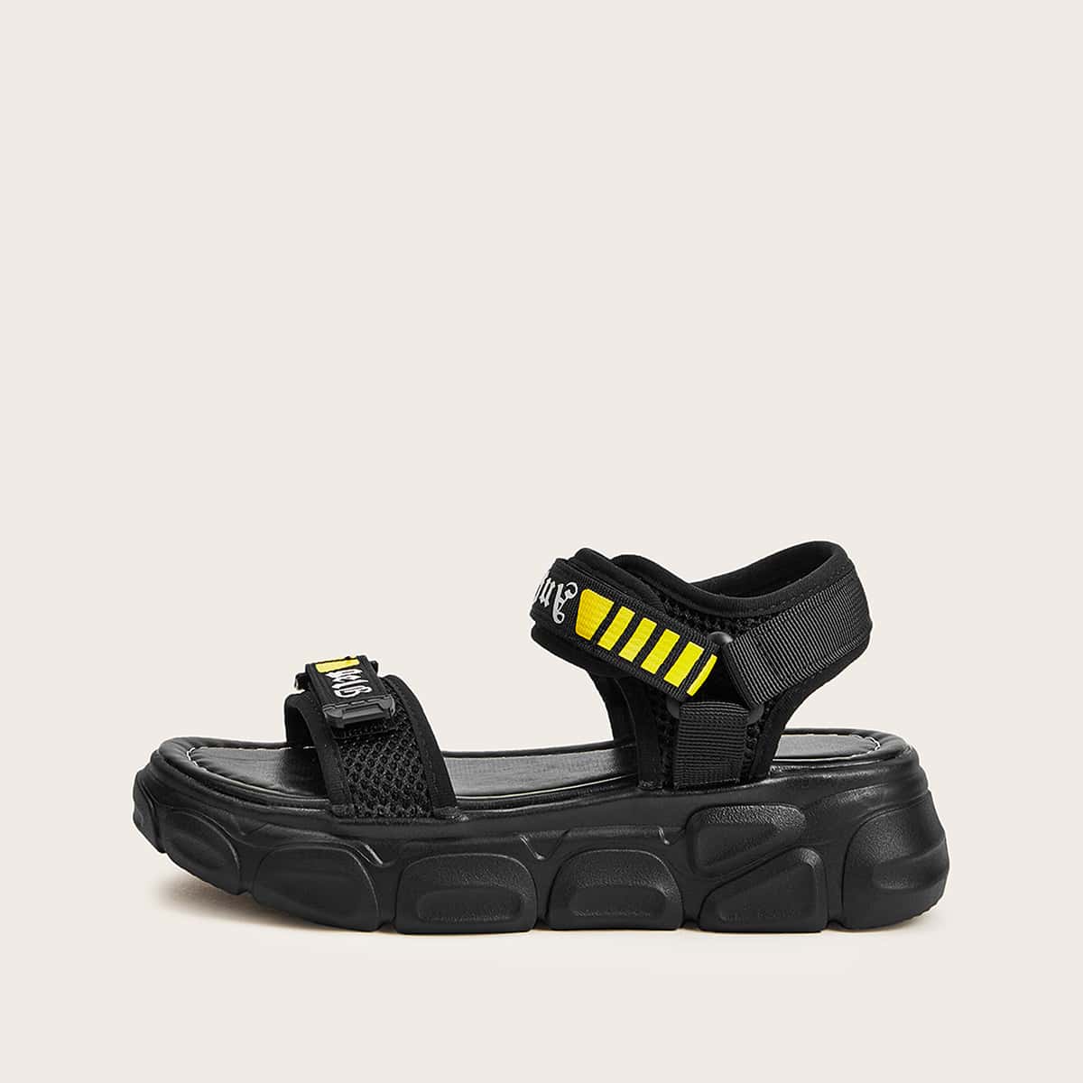 

Letter Graphic Velcro Strap Sandals, Black