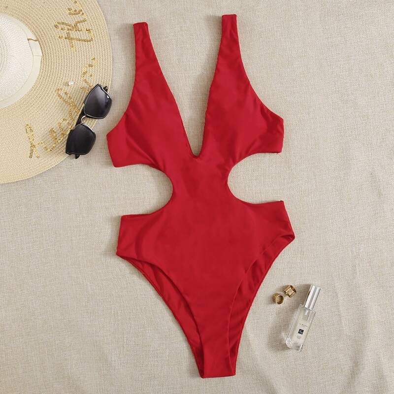 Cut Out Waist One Piece Swimsuit, Red