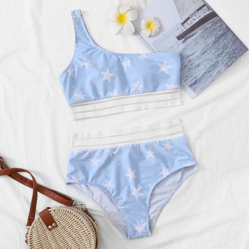 

Star Print One Shoulder High Waisted Bikini Swimsuit, Blue