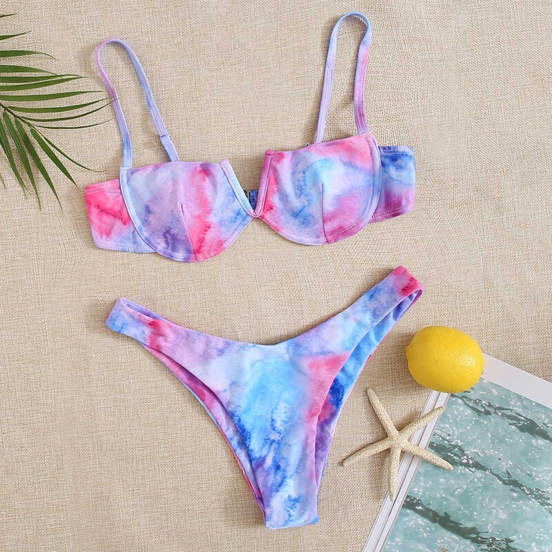 

Tie Dye V Wired Underwire High Leg Bikini Swimsuit, Multicolor