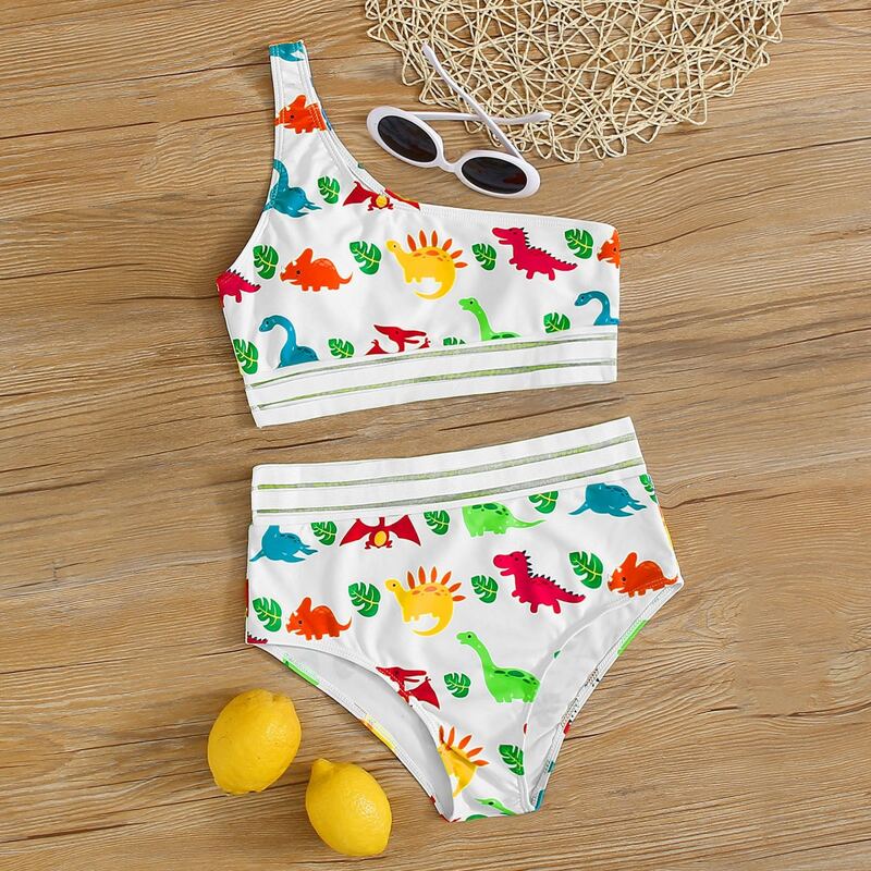 

Cartoon Dinosaur One Shoulder High Waisted Bikini Swimsuit, Multicolor