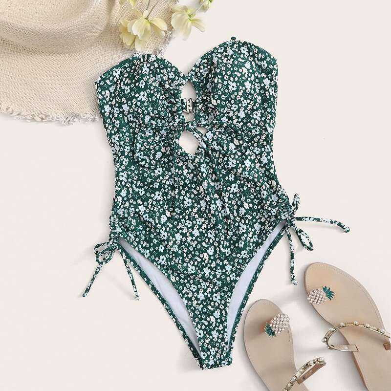 

Ditsy Floral Drawstring Bandeau One Piece Swimsuit, Green
