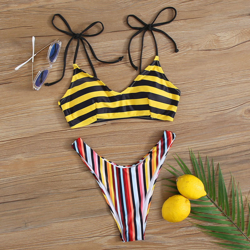 

Striped Tie Shoulder High Cut Bikini Swimsuit, Multicolor