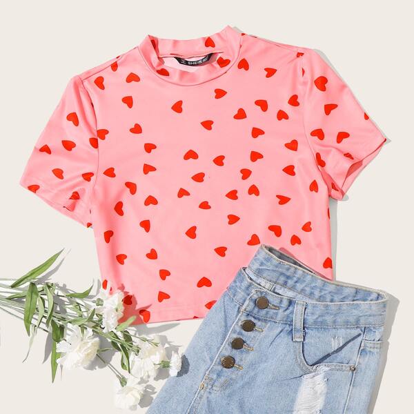 

Heart Print Crop Tee, Pink