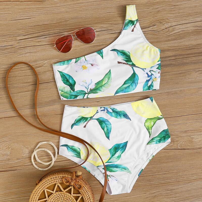 

Fruit Print One Shoulder High Waisted Bikini Swimsuit, Multicolor