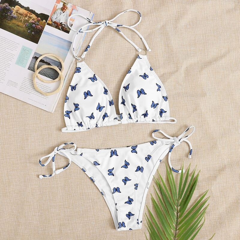 

Butterfly Print Triangle Tie Side Bikini Swimsuit, White