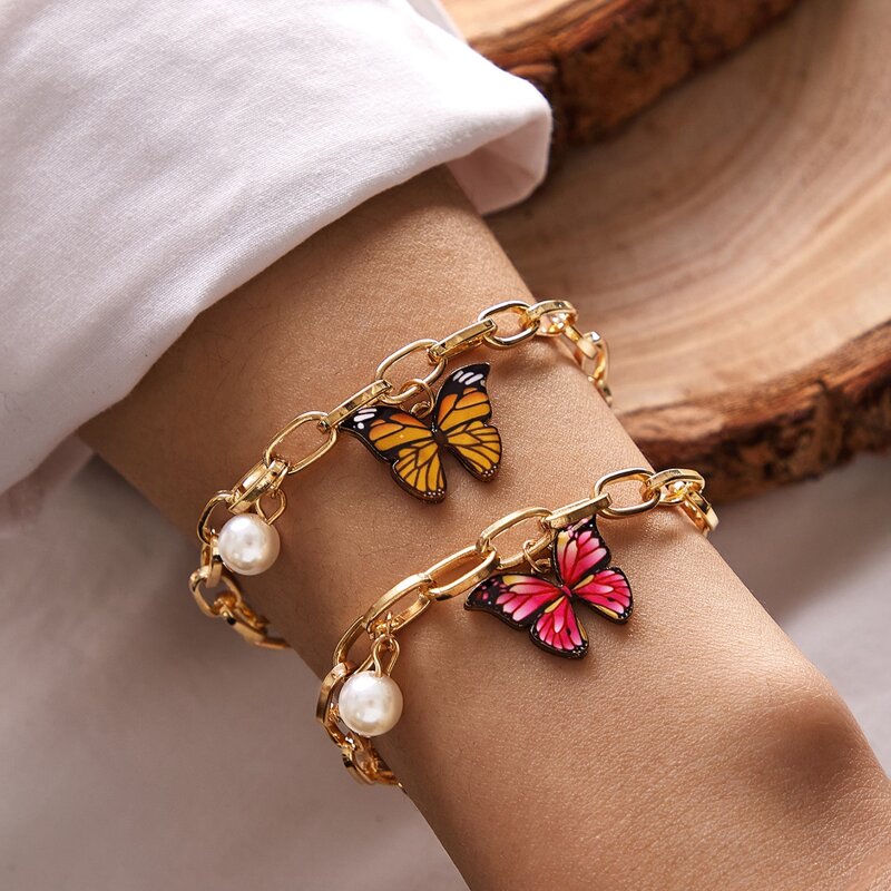

2pcs Butterfly & Faux Pearl Charm Chain Bracelet, Gold
