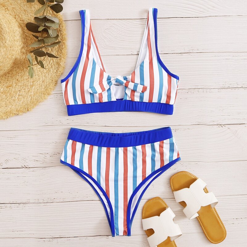 

Striped Knot Front High Waisted Bikini Swimsuit, Multicolor