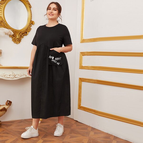 

Plus Slogan Graphic Pocket Patched Smock Dress, Black