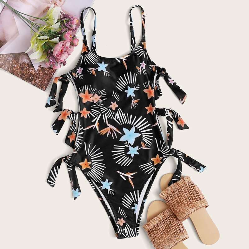 

Floral Tie Side One Piece Swimsuit, Black