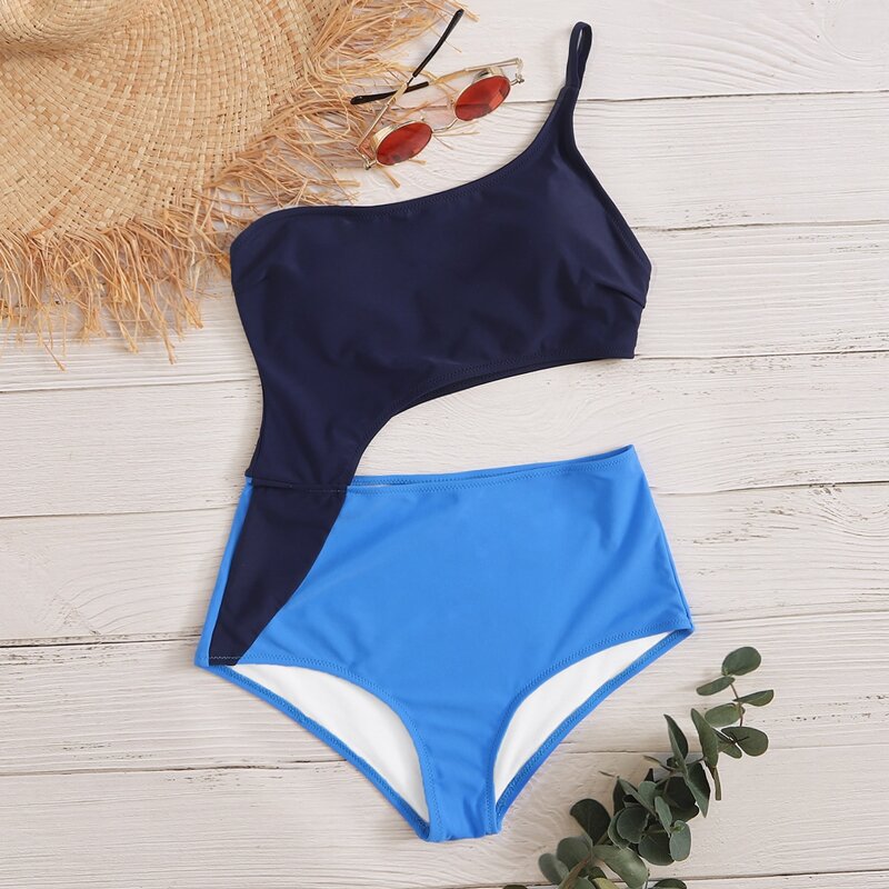 

Two Tone Cut-out One Shoulder One Piece Swimsuit, Multicolor
