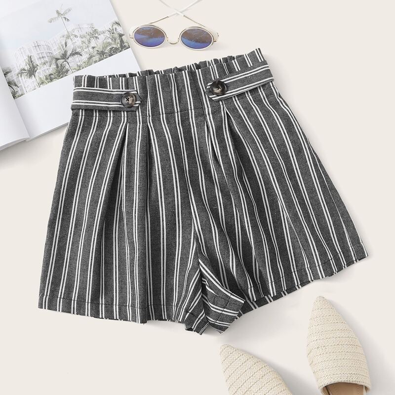 

Paperbag Waist Button Detail Striped Shorts, Grey