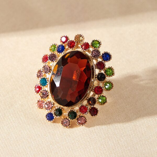 

1pc Gemstone Engraved Ring, Multicolor