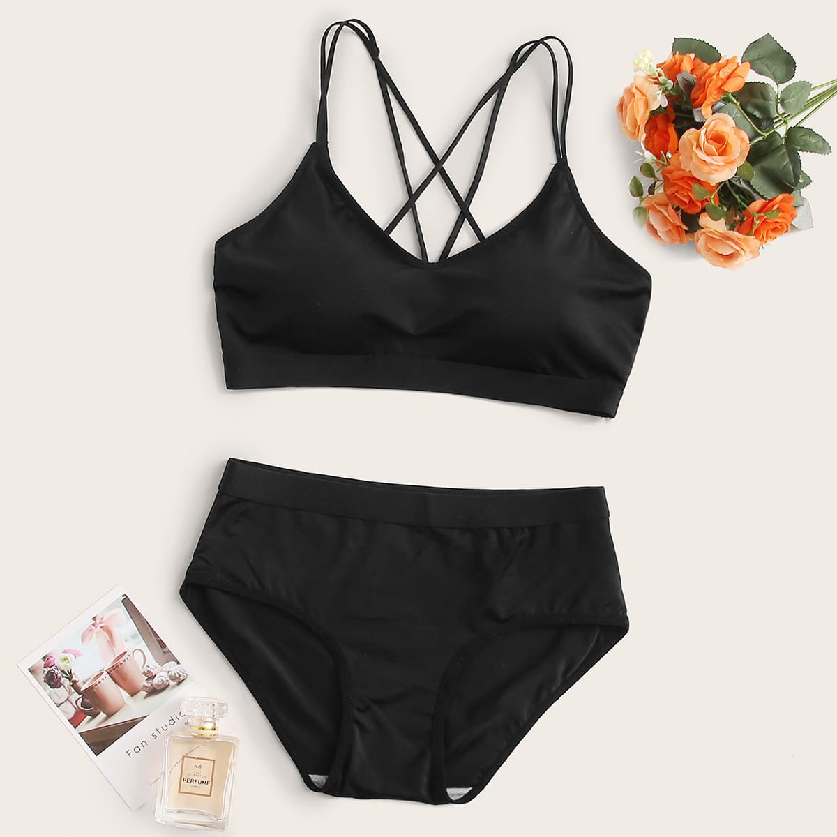 

Crisscross High Waist Lingerie Set, Black