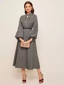 Modelyn 扭結細節燈籠袖亞麻洋裝不帶腰帶 - 灰色 - 查看 1