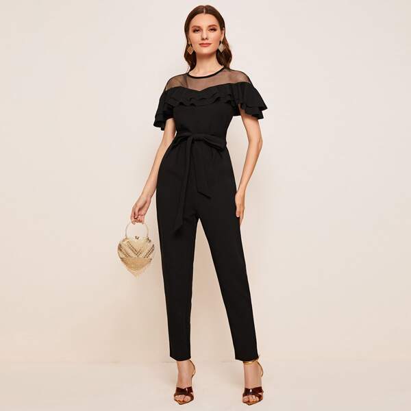 

Mesh Yoke Layered Flounce Trim Belted Jumpsuit, Black