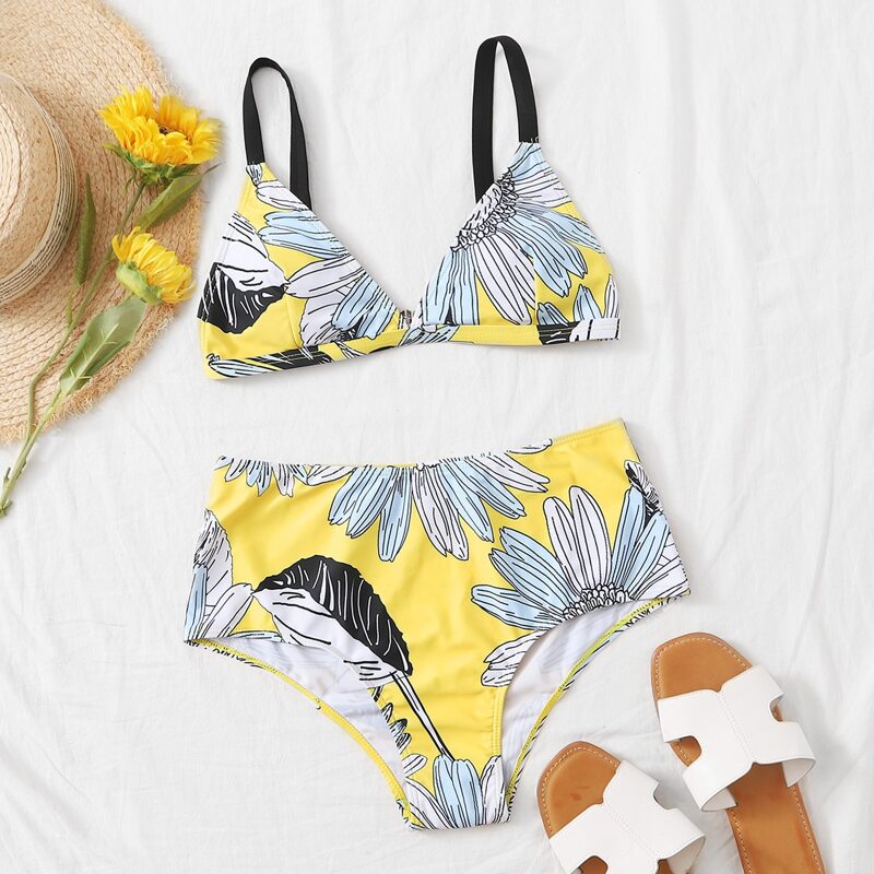 

Floral Triangle High Waisted Bikini Swimsuit, Multicolor
