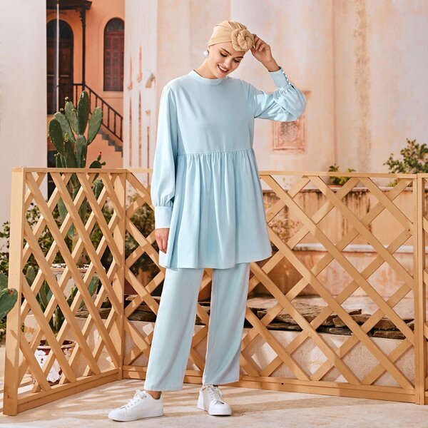 

Mock Neck Solid Peplum Top & Pants Set, Blue pastel