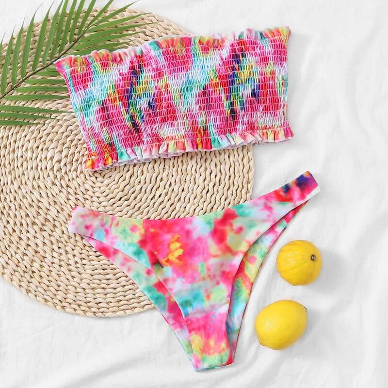 

Tie Dye Smocked Frill Trim Bikini Swimsuit, Multicolor