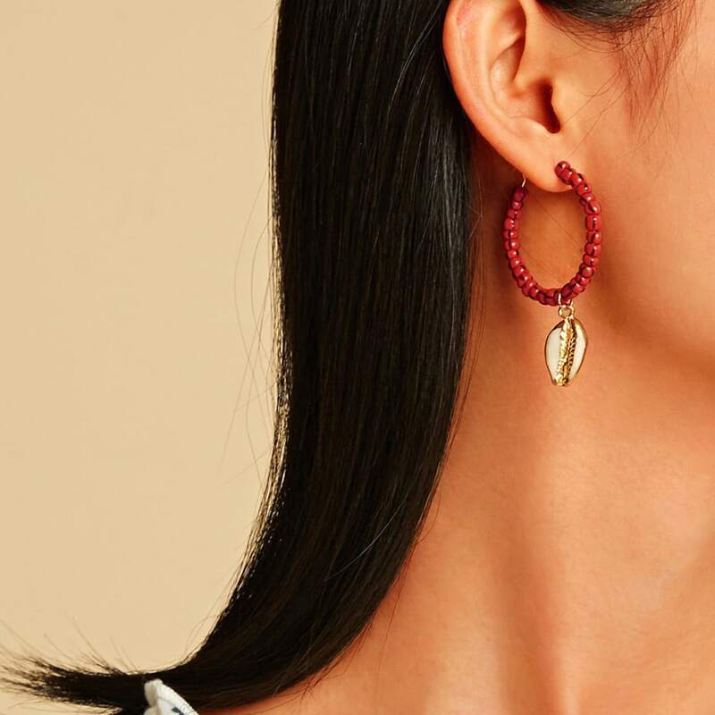 

1pair Shell Charm Beaded Drop Earrings, Red