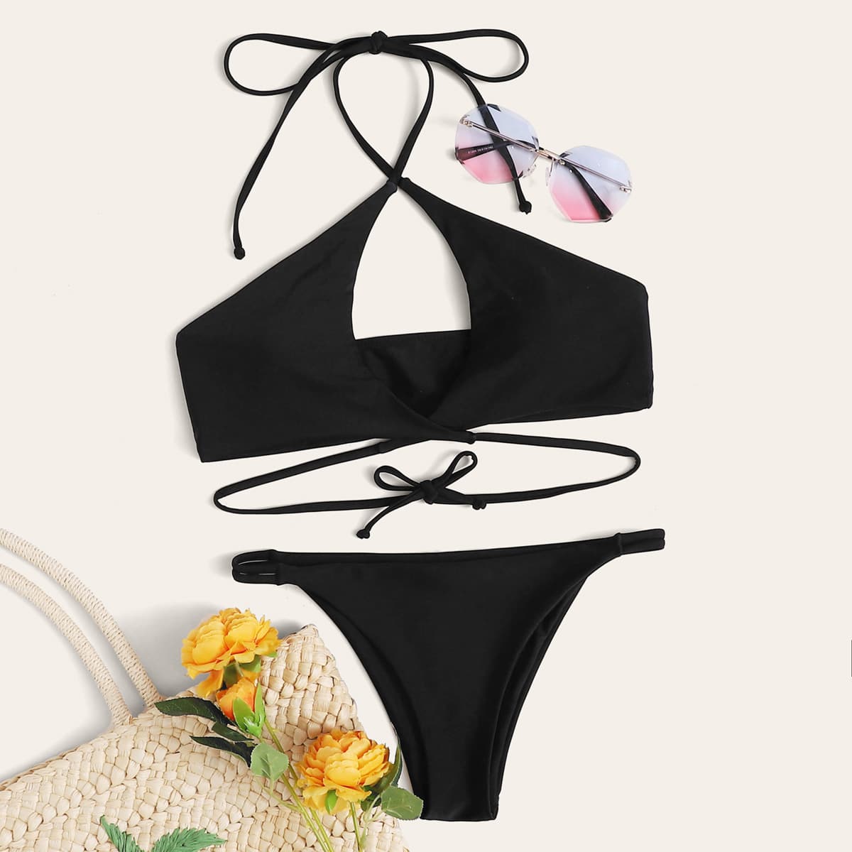 

Cut Out Halter Tanga Bikini Swimsuit, Black