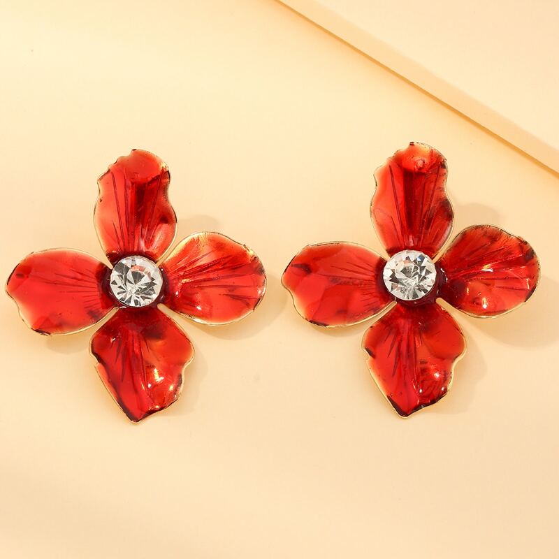 

1pair Rhinestone Engraved Floral Stud Earrings, Red