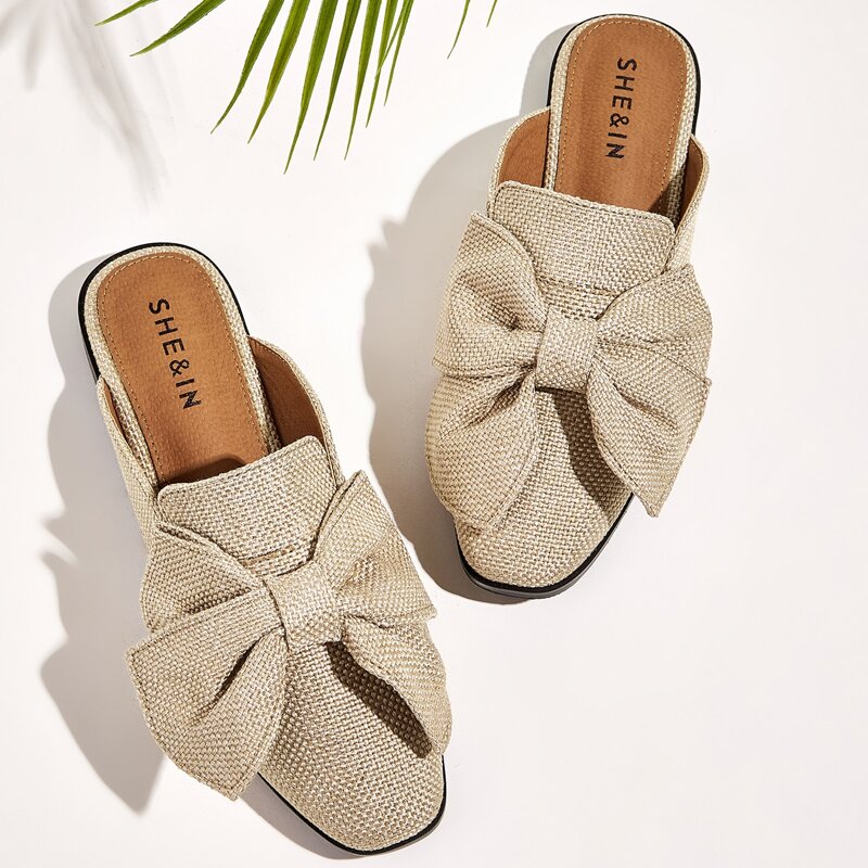 

linen Bow Decor Loafer Mules, Beige