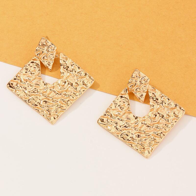 

1pair Hammered Geometric Shaped Drop Earrings, Gold