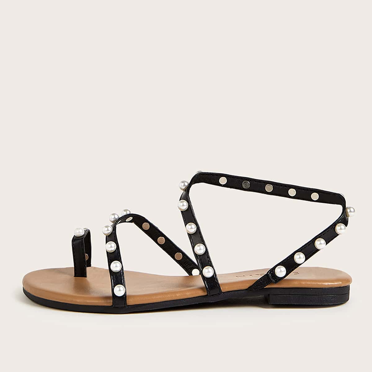 

Faux Pearl Decor Toe Ring Sandals, Black
